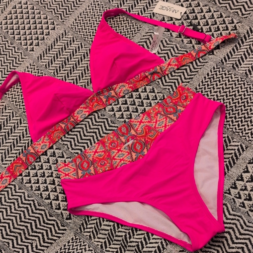 Pink and Red Textured Bikini Set